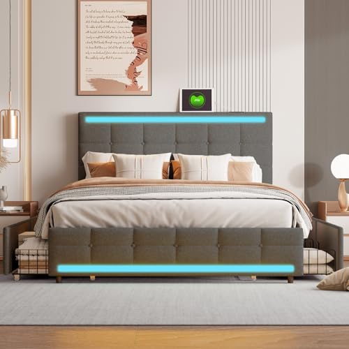 Teahutty Polsterbett 140x200 cm, LED Doppelbett mit 4 Schubladen und Lattenrost, Kopfteil mit Höhenverstellbar und USB-Ladefunktion, Jugendbett Rückenlehne Bettgestell, No Mattress (Grau) von Teahutty
