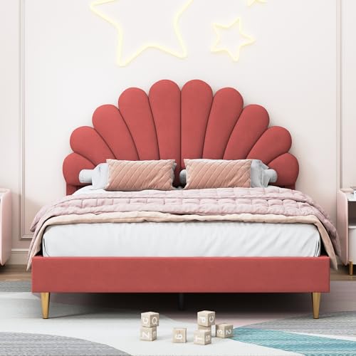Teahutty Polsterbett 140x200cm, Mädchenbett mit Blütenblattförmiges Kopfteil und Lattenrost, Kinderbett Doppelbett Samtstoff Betten Stoffbett für Schlafzimmer (Burgunderrot, 140 x 200 cm) von Teahutty