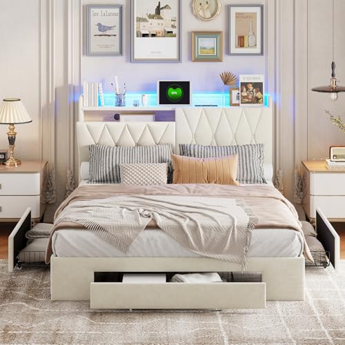 Teahutty Polsterbett 160x200 cm mit 2 USB und AC Ladefunktionen, Stauraumbett mit LED und 5 Schubladen, Kopfteil mit Stauraum, Jugendbett mit Lattenrost, Ohne Matratze (160 x 200 cm) von Teahutty