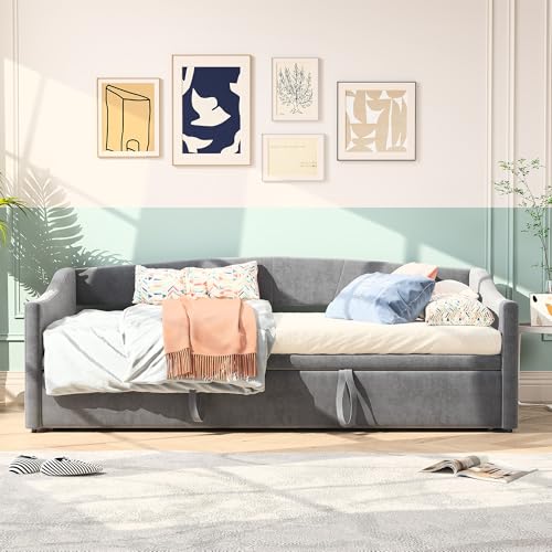 Teahutty Polsterbett 90/180x200cm, Schlafcouch Ausziehbares, Schlafsofa mit Samtstoff, Bettgestell Kinderbett Jugendbett mit Lattenrost, Betten Einzelbett für Schlafzimmer (Grey, 90 x 200 cm) von Teahutty