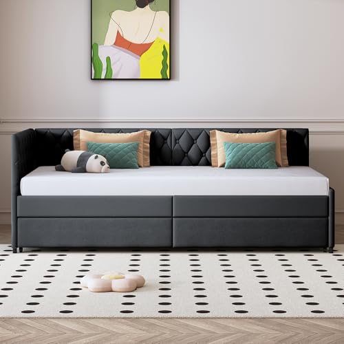 Teahutty Polsterbett 90/180x200cm, Schlafcouch Ausziehbares, Schlafsofa mit Samtstoff, Bettgestell Kinderbett Jugendbett mit Lattenrost, Betten Einzelbett für Schlafzimmer (Grey A, 90 x 200 cm) von Teahutty