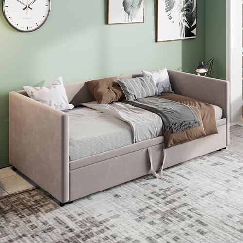 Teahutty Polsterbett 90/180x200cm, Schlafcouch Ausziehbares, Schlafsofa mit Samtstoff, Bettgestell Kinderbett Jugendbett mit Lattenrost, Betten Einzelbett für Schlafzimmer (Grey C, 90 x 200 cm) von Teahutty