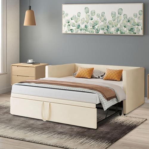 Teahutty Polsterbett 90/180x200cm, Schlafcouch Ausziehbares, Schlafsofa mit Samtstoff, Bettgestell Kinderbett Jugendbett mit Lattenrost, Betten Einzelbett für Schlafzimmer (beige C, 90 x 200 cm) von Teahutty