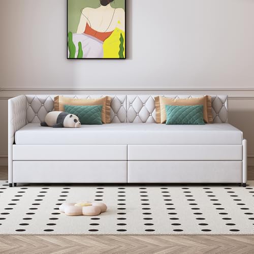 Teahutty Polsterbett 90x200cm, Schlafcouch Ausziehbares, Schlafsofa mit Samtstoff, Bettgestell Kinderbett Jugendbett mit Lattenrost, Betten Einzelbett für Schlafzimmer (beige A, 90 x 200 cm) von Teahutty