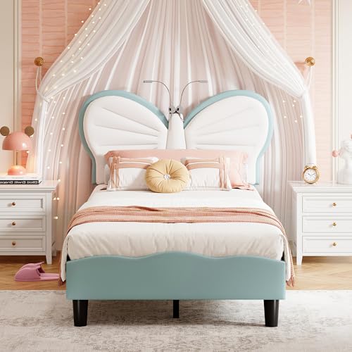 Teahutty Polsterbett 90x200cm höhenverstellbar, Mädchenbett mit LED-Leselicht, Kinderbetten mit Schmetterlingsförmiges Rückenlehne und Lattenrosten, Einzelbett Prinzessin Bett (Weiß-blau, Kinderbett) von Teahutty