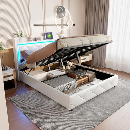 Teahutty Polsterbett Doppelbett 140x200 cm mit LED-Beleuchtung Kopfteil, Hydraulisches Stauraumbett, Jugendbett mit Lattenrost, PU, Weiß, Ohne Matratze (140 x 200 cm) von Teahutty