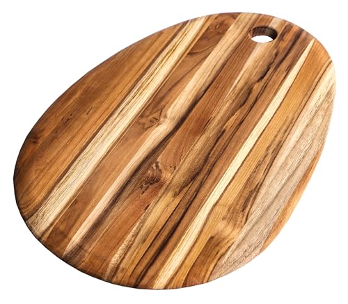 TeakHaus Elegant Ovales Schneidebrett Holz L | 47 x 31 x 1,5 cm | Nachhaltiges FSC-zertifiziertes Teakholz Brotzeitbrett Holz mit Aufhängung | Minimalistisches Holzbrett Küche für Frühstück von Teakhaus