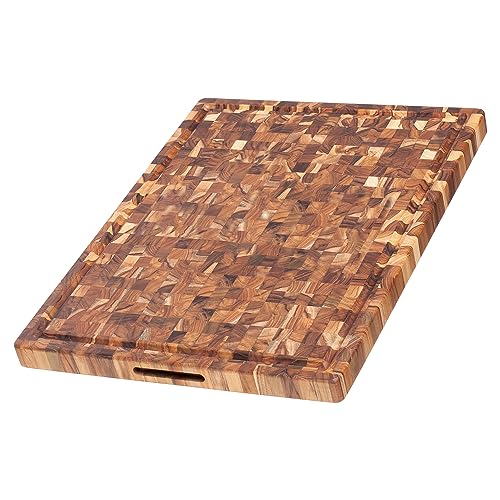 Teakhaus Butcher Block Schneidebrett Holz mit Saftrille L | 61 x 45 x 3,8 cm | FSC zertifiziertes, robustes Stirnholz Schneidebrett | Dickes Teak-Holzbrett Küche für glatte saubere Schnitte von Teakhaus