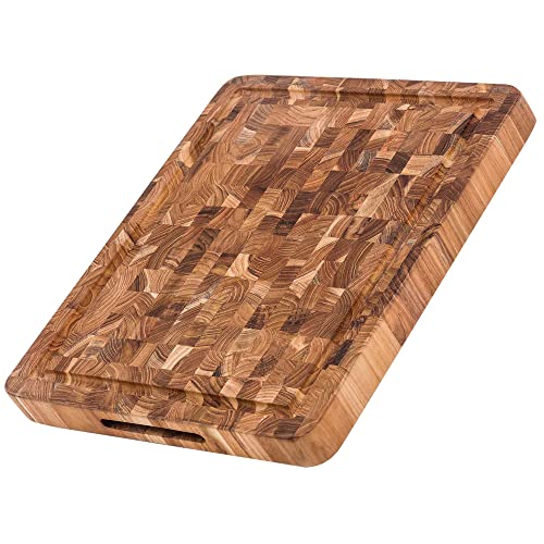 Teakhaus Butcher Block Schneidebrett Holz mit Saftrille M | 42 x 30.5 x 3,8 cm | FSC zertifiziertes, robustes Stirnholz Schneidebrett | Dickes Teak-Holzbrett Küche für glatte saubere Schnitte von Teakhaus