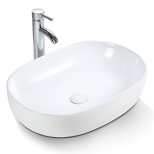 Aufsatzwaschbecken Oval - Waschbecken Bad - Waschbecken Gäste wc - Waschtisch ohne Überlauf- Aufsatzwaschbecken aus Keramik 590 × 410 × 145 mm - Weiß - Modern Handwaschbecken von Teal Home