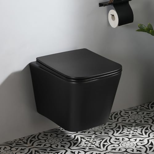 Hänge WC Mattschwarz mit WC Sitz mit Absenkautomatik aus Keramik - Toilette mit Einloch-Superspin-Spülung - Wand WC Toiletten für Gäste wc - Kloschüssel mit Nano Beschichtung von Teal Home