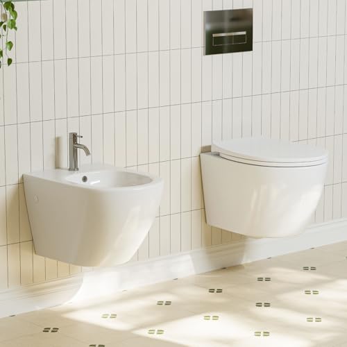 Hänge WC Set mit Bidet - Toilette mit WC Sitz mit Absenkautomatik - Hänge-Bidet aus Keramik mit Hahnloch und Überlaufschutz - Wand WC Spülrandlos mit Nano Beschichtung - Bidet Hygienedusche für Intim von Teal Home