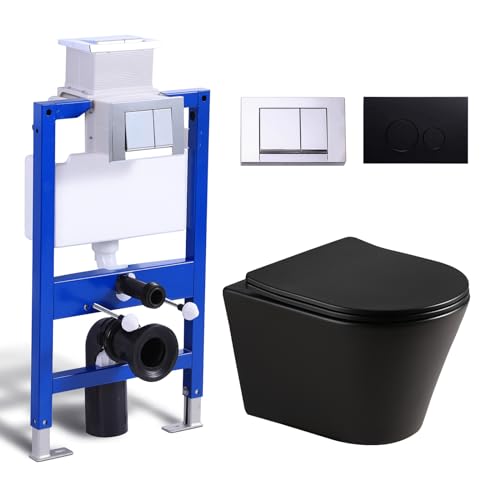 Hänge WC Spülrandlos Mattschwarz mit Unterputz Spülkasten, Toilette und Vorwandelement WC Set Komplett, 2 WC Drückerplatte, Wand WC mit Soft-Close Absenkautomatik Deckel, WC Einloch-Superspin-Spülung von Teal Home