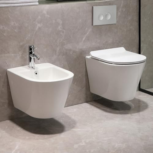 Hänge WC Spülrandlos Set mit Hänge Bidet - Wand WC mit Nano Beschichtung - Toilette mit WC Sitz mit Absenkautomatik - Wand Bidet für Intimdusche Sitzbad - Bidet Hygienedusche für Intim Hänge WC Spülrandlos Set mit Hänge Bidet - Wand WC mit Nano Beschichtung - Toilette mit WC Sitz mit Absenkautomatik - Wand Bidet für Intimdusche Sitzbad - Bidet Hygienedusche für Intim von Teal Home