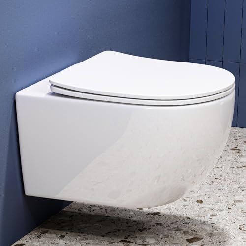 Hänge WC Spülrandlos WC Set aus Keramik-Hängetoilette mit Softclose WC-Sitz-Wand WC mit Lotus Effekt Nano Beschichtung-Hänge WC Spülrandlos-Kloschüssel für Bäder von Teal Home