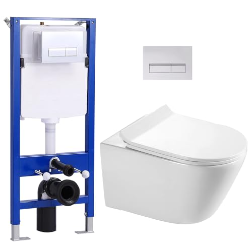 Hänge WC Spülrandlos mit Unterputz Spülkasten, Toilette und Vorwandelement WC Set Komplett, Tiefspül WC, Glänzende Chromfarbe Drückerplatte, Wand WC Keramik mit Soft-Close Absenkautomatik PP Deckel von Teal Home