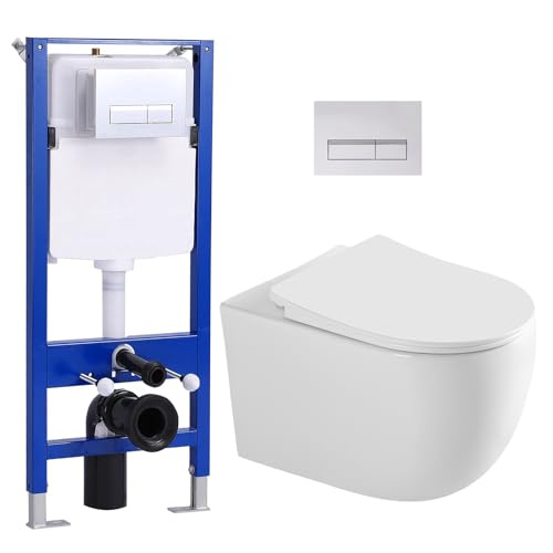 Hänge WC Spülrandlos mit Unterputz Spülkasten, Toilette und Vorwandelement WC Set Komplett, Glänzende Chromfarbe WC Drückerplatte Betätigungsplatte, Wand WC mit Soft-Close Absenkautomatik Deckel von Teal Home