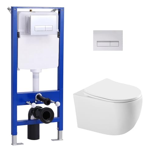 Hänge WC Spülrandlos mit Unterputz Spülkasten, Toilette und Vorwandelement WC Set Komplett, Glänzende Chromfarbe WC Drückerplatte Betätigungsplatte, Wand WC mit Soft-Close Absenkautomatik Deckel von Teal Home
