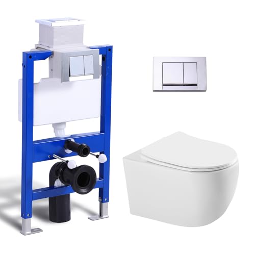 Hänge WC Spülrandlos mit Unterputz Spülkasten, Toilette und Vorwandelement WC Set Komplett, cBetätigungsplatte, Wand WC mit Soft-Close Absenkautomatik Deckel von Teal Home