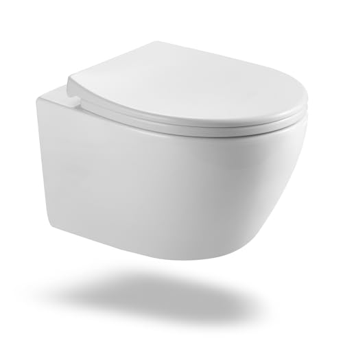 Hänge WC Toilette aus Keramik mit Toilettendeckel mit Absenkautomatik - Toilettenschüssel mit Einloch-Superspin-Spülung - WC Weiß mit Nano Beschichtung von Teal Home