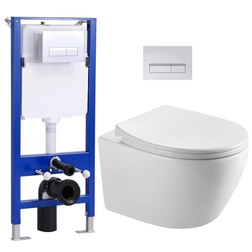 Hänge WC Toilette und Vorwandelement WC Set Komplett, Toiletten mit Unterputz Spülkasten, Glänzende Chromfarbe WC Betätigungsplatte, Wand WC mit Soft-Close Absenkautomatik, WC mit Nano Beschichtung von Teal Home