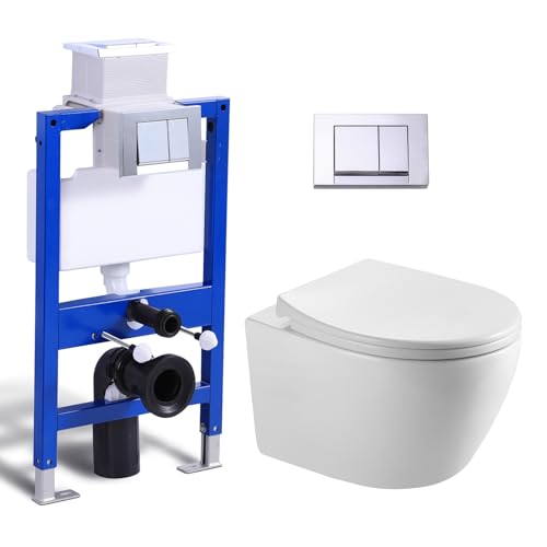 Hänge WC Toilette und Vorwandelement WC Set Komplett, Toiletten mit Unterputz Spülkasten, WC Betätigungsplatte, Wand WC mit Soft-Close Absenkautomatik PP Deckel, WC Weiß mit Nano Beschichtung von Teal Home