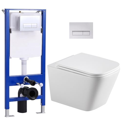 Hänge WC Toiletten Vorwandelement WC Set Komplett, Toilette mit Unterputz Spülkasten, Glänzende Chromfarbe WC Drückerplatte Betätigungsplatte, Wand WC mit Soft-Close Absenkautomatik UF Deckel von Teal Home