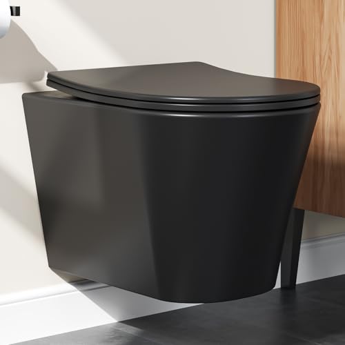 Hänge WC Spülrandlos Wand WC Mattschwarz mit Toilettendeckel mit Absenkautomatik - Toilette Kloschüssel Keramik mit Nano Beschichtung - WC Toiletten Einloch-Superspin-Spülung von Teal Home