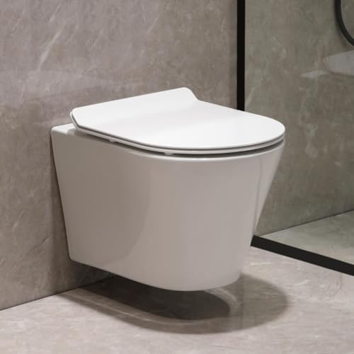 Hänge WC Wand WC mit Toilettendeckel mit Absenkautomatik - geruchsarmer Tiefspüler WC - Toilette aus Keramik mit Nano Beschichtung - Einloch-Superspin-Spülung von Teal Home