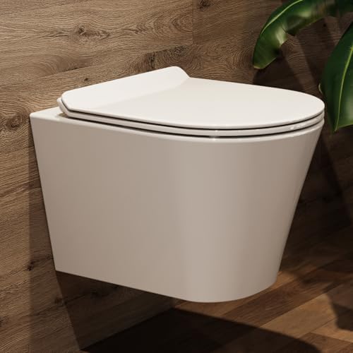 Hänge WC Wand WC Spülrandlos mit Toilettendeckel mit Absenkautomatik - geruchsarmer Tiefspüler WC - Toilette aus Keramik mit Nano Beschichtung - WC kloschüssel mit Einloch-Superspin-Spülung von Teal Home