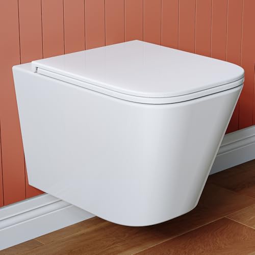 Hänge WC Spülrandlos mit WC Sitz mit Absenkautomatik aus Keramik - Toilette mit Einloch-Superspin-Spülung - Wand WC Toiletten für Gäste wc - Kloschüssel mit Nano Beschichtung von Teal Home