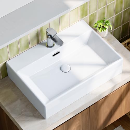Waschbecken Waschtisch aus Keramik - 60 x 42 x 14cm - Aufsatzwaschbecken Eckig - Hänge Bad - mit Hahnloch und Überlauf - klein gäste wc Handwaschbecken Aufsatzwaschtisch Weiß von Teal Home