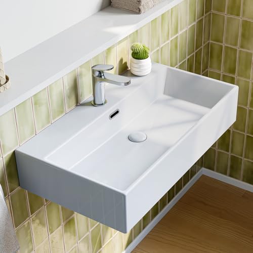 Waschbecken Bad aus Keramik - Waschtisch 75 × 42 × 14 cm- Aufsatzwaschbecken Rechteck mit Pop-up Ablassventil - Hängewaschbecken mit Überlauf und Hahnloch - Handwaschbecken Modern für ein Gäste WC von Teal Home