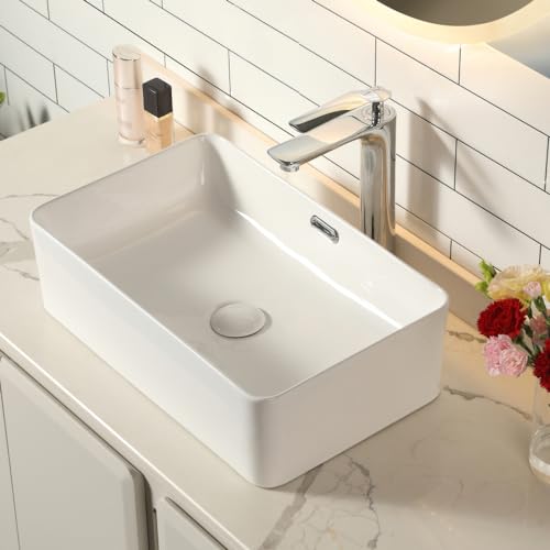 Aufsatzwaschbecken Waschbecken Badezimmer Keramik Eckig- Dünnem Rand Design- Waschtisch Gäste WC - Waschplätze Handwaschbecken Weiß mit Pop-up Ablaßventil- Waschschale mit überlauf 48 × 31,5 × 14 cm von Teal Home