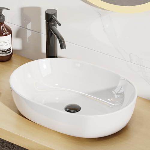 Aufsatzwaschbecken Oval - Waschbecken Bad - Waschbecken Gäste wc - Waschtisch ohne Überlauf- Aufsatzwaschbecken aus Keramik 590 × 410 × 145 mm - Weiß - Modern Handwaschbecken von Teal Home