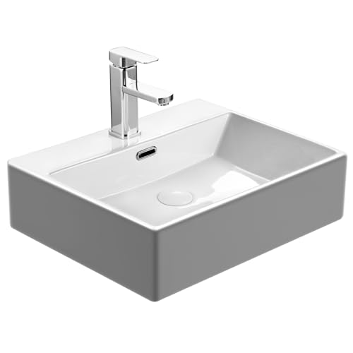 Waschbecken aus Keramik - Waschtisch Eckig - Aufsatzwaschbecken Gäste WC - Hängewaschbecken mit Lotus Effekt Nano-Beschichtung - Überlauf und Pop-up-Ablaufventil - Weiß - 50,5 x 42 x 14 cm von Teal Home