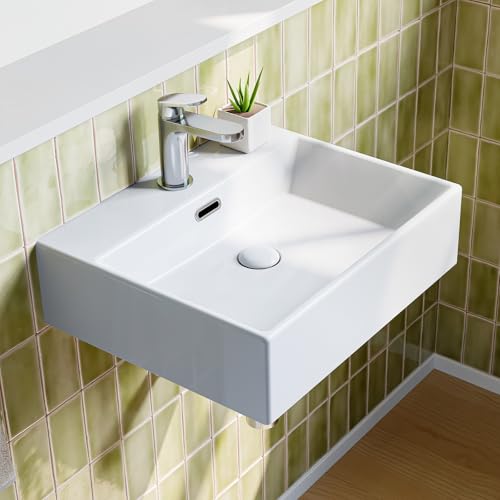 Waschbecken aus Keramik - Waschtisch Eckig - Aufsatzwaschbecken Gäste WC - Hängewaschbecken mit Lotus Effekt Nano-Beschichtung - mit Hahnloch und Überlauf - Weiß - 50,5 x 42 x 14 cm von Teal Home