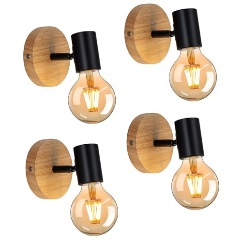 Tealight Wandleuchten Innen 4 Stücke, Wandlampe Industrial Vintage, Schwarz Holz Wandleuchte, Lampe aus Metall E27 Base Nachttisch Wandlampe für Wohnzimmer von Tealight