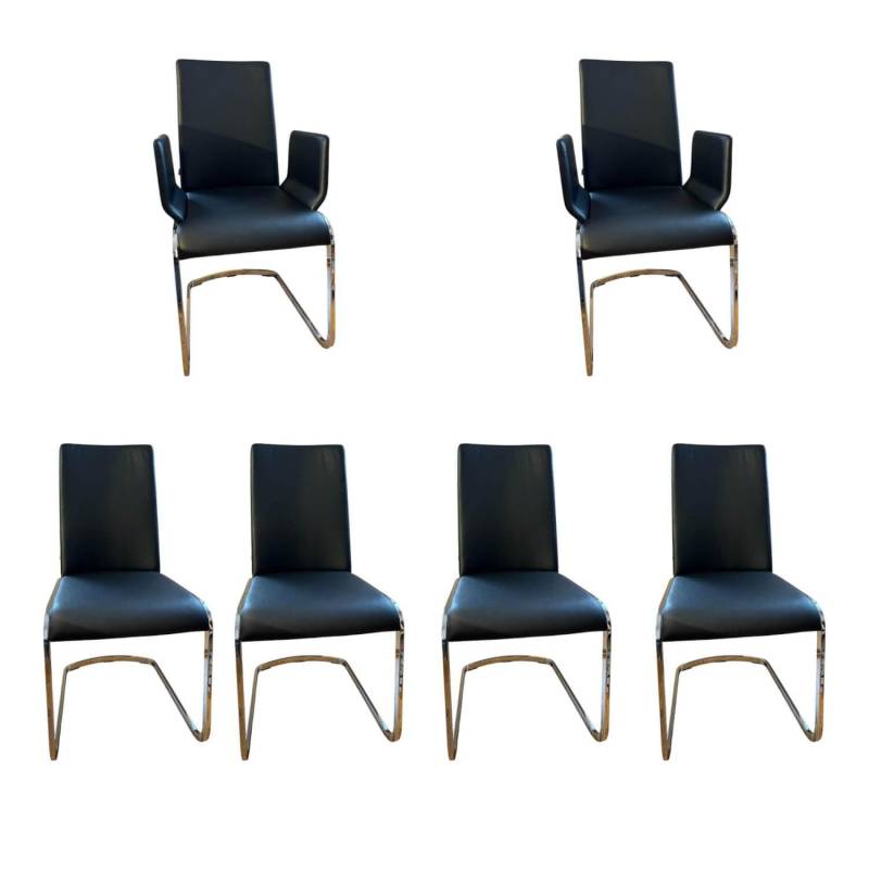 6er Set Stuhl F1 Leder 70240 Schwarz Gestell Stahl Verchromt Glänzend von Team 7