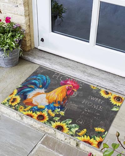 Fußmatte für drinnen und draußen, Bauernhof, Hahn, Sonnenblume, rutschfest, niedriges Profil, Terrasse, Veranda, Eingang, 40,6 x 61 cm, Huhn auf schwarzem Hintergrund Fußmatte für drinnen und draußen, Bauernhof, Hahn, Sonnenblume, rutschfest, niedriges Profil, Terrasse, Veranda, Eingang, 40,6 x 61 cm, Huhn auf schwarzem Hintergrund von Teamery