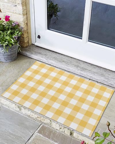 Fußmatte für drinnen und draußen, Landhausstil, gelbes und weißes Büffelkaro, kariert, rutschfest, niedriges Profil, leicht zu reinigen, 45,7 x 76,2 cm Fußmatte für drinnen und draußen, Landhausstil, gelbes und weißes Büffelkaro, kariert, rutschfest, niedriges Profil, leicht zu reinigen, 45,7 x 76,2 cm von Teamery