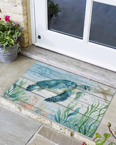 Fußmatte für drinnen und draußen, Meeresschildkröte, Seegras und Seestern, rutschfest, niedriges Profil, Terrasse, Veranda, Eingang, 61 x 91,4 cm, nautischer Kompass, blauer Farbverlauf Fußmatte für drinnen und draußen, Meeresschildkröte, Seegras und Seestern, rutschfest, niedriges Profil, Terrasse, Veranda, Eingang, 61 x 91,4 cm, nautischer Kompass, blauer Farbverlauf von Teamery
