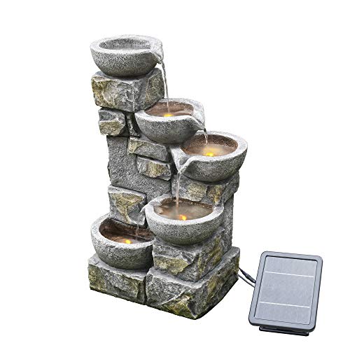 Solar-Wasserbrunnen für den Garten aus Stein mit Ornamenten und LEDs PT-SF0003 von Teamson Home