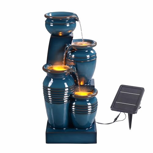Teamson Home 28,74 Zoll 4-stufige kaskadierende Schalen-Solarwasserfontäne mit LED-Lichtern für Gärten, Landschaftsgestaltung, Terrassen, Balkone, Rasenflächen, Blau. von Teamson Home