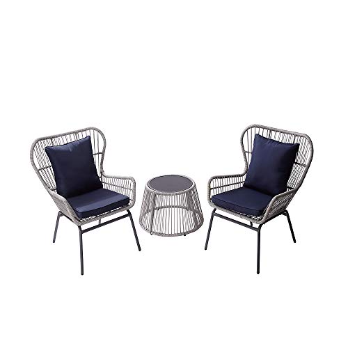Teamson Home 3-TLG. Terrasse Gartenmöbel, Rattan Patio 2 Stühle & Tisch Bistro Sitzgarnitur mit Kissen, Wetterbeständig, Weiß/Blau von Peaktop