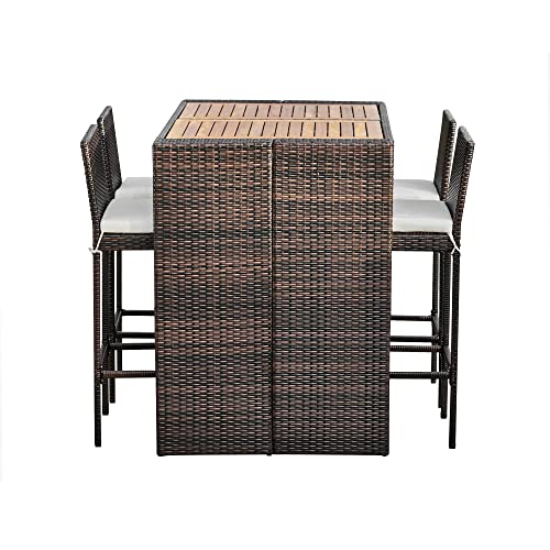 Teamson Home 5-teilige Rattan-Gartenmöbel für den Außenbereich, Stehtisch, Esszimmertisch & Stuhl-Set für Wintergarten mit Holzplatte von Teamson Home