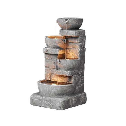 Teamson Home 84,5 cm Kaskadierende Schalen & Gestapelte Steine LED Outdoor-Wasserbrunnen für Außenbereiche, Steingrau von Teamson Home