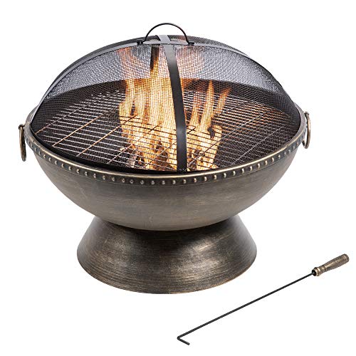 Teamson Home Garten Große Holzbefeuerte Feuerstelle, Gartenmöbel, Kaminofen, Feuerstellenheizung, Metall-Feuerschale, Holzbrenner mit Schürhaken und Deckel, metallisch von Teamson Home