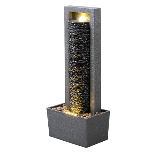 Teamson Home Garten Outdoor Brunnen Hoher Wasserfall mit warmen LED-Lichtern, Layered Rock Design, Robustes Polyresin, dunkelgraues Finish von Teamson Home