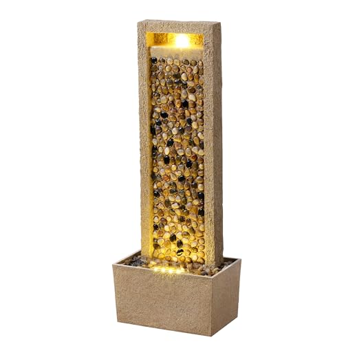 Teamson Home Garten Outdoor Brunnen Hoher Wasserfall mit warmen LED-Lichtern, River Rock Design, Einstellbarer Fluss, Robustes braunes Polyresin von Teamson Home